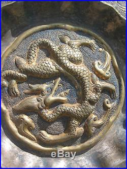 Antique Chinese Bronze hand-made plate with gilded Dragon, Song/Yuan dynasty