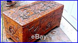 Antique Chinese Camphor Wood Carved Dragons & Battle Scene Blanket Chest 29.5l