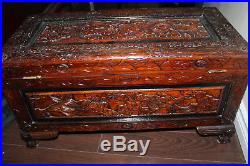 Antique Chinese Camphor Wood Carved Large Storage Dragon Chest Trunk