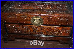 Antique Chinese Camphor Wood Carved Large Storage Dragon Chest Trunk