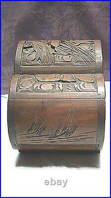 Antique Chinese Camphor Wood Carved Relief Dragon Storage Box Brass Decoration