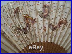 Antique Chinese Canton Boxwood Hand Embroidered Silk Dragon Fan In Original Box