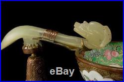Antique Chinese Canton Enamel Hardstone Dragon Handle Cup D81-04