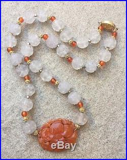 Antique Chinese Carnelian Agate Pendant Carved Quartz Shou Dragon Bead Necklace