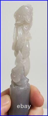 Antique Chinese Carved Agate Grey White Jade Dragon Chop Seal Chilong