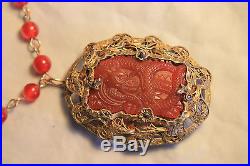 Antique Chinese Carved Carnelian and Gold Filigree Dragon Necklace