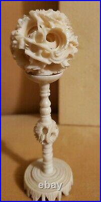 Antique Chinese Carved Dragon Puzzle Ball Articulated With Stand