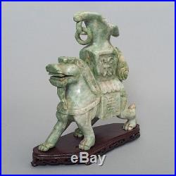 Antique Chinese Carved Green Stone Jade Dragon Statue Vase 10.5 + Wood Base