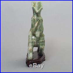 Antique Chinese Carved Green Stone Jade Dragon Statue Vase 10.5 + Wood Base