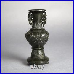 Antique Chinese Carved Hard Stone Double Handle Urn in Relief with Dragons C1920