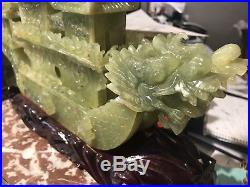 Antique Chinese Carved Jade Jadeite Large Dragon Boat Sculpture 14x15