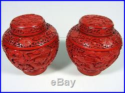 Antique Chinese Carved Lacquer Cinnabar Pair of Covered Vases Dragon Scene