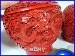 Antique Chinese Carved Lacquer Cinnabar Pair of Covered Vases Dragon Scene