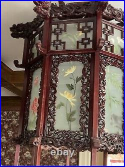 Antique Chinese Carved Rosewood Dragon Reverse Glass Painted Panels Lantern, Lamp