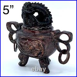 Antique Chinese Carved Stone Incense Burner Censer DRAGON Top Ring Handles