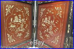 Antique Chinese Carved Wood Dragon Inlay 4 Panel Screen