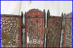 Antique Chinese Carved Wood Dragon Inlay 4 Panel Screen