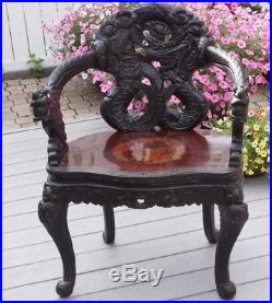 Antique Chinese Carved Wood Dragons Arm Chair