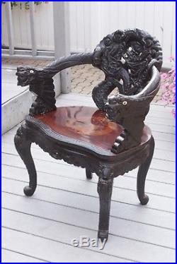 Antique Chinese Carved Wood Dragons Arm Chair