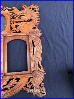 Antique Chinese Carved Wood Picture Frame With Dragons