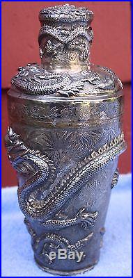 Antique Chinese Chasing Dragon Sterling Silver Drink Shaker & 12 cups 1142 grams