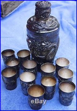 Antique Chinese Chasing Dragon Sterling Silver Drink Shaker & 12 cups 1142 grams