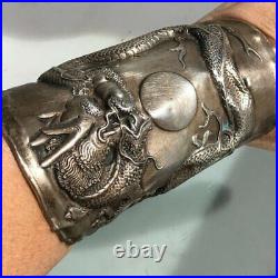 Antique Chinese China Export Silver Dragon Sterling Bracer Cuff Repousse Rare