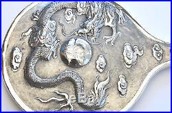 Antique Chinese China Export Solid Silver Dragon Repousse Vanity Mirror 1900