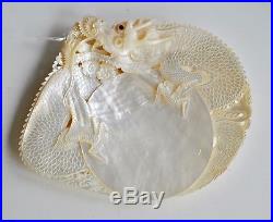 Antique Chinese China Qing Dragon Carved Engraved Mother Of Pearl Shell 19th C
