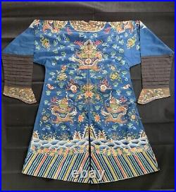Antique Chinese China Robe Chifu Dragon Four Clawed Blue Qing Silk Textile 19c