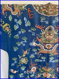 Antique Chinese China Robe Chifu Dragon Four Clawed Blue Qing Silk Textile 19c