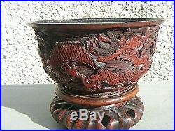 Antique Chinese Cinnabar Carved Imperial Dragon Bowl Qianlong Mark