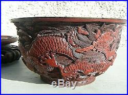 Antique Chinese Cinnabar Carved Imperial Dragon Bowl Qianlong Mark