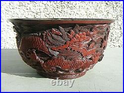 Antique Chinese Cinnabar Carved Imperial Dragon Bowl Qianlong Mark