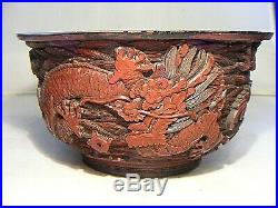 Antique Chinese Cinnabar Carved Imperial Dragon Bowl Qianlong Mark