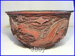 Antique Chinese Cinnabar Carved Imperial Dragon Bowl Qianlong Mark