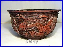 Antique Chinese Cinnabar Carved Imperial Dragon Bowl Qianlong Mark