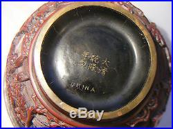 Antique Chinese Cinnabar Carved Imperial Dragon Bowl Qianlong Mark