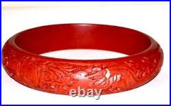 Antique Chinese Cinnabar Dragon Bangle Bracelet Carved Lacquer Chinoiserie Vtg