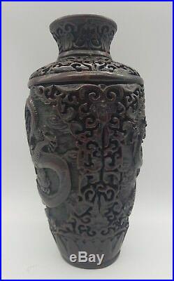 Antique Chinese Cinnabar Lacquerware Hand Carved Dragon Vase SIGNED