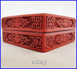 Antique Chinese Cinnabar Red Lacquer Box with Flowers & Baby Dragon (4 long)