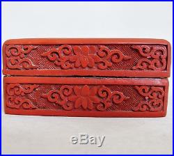 Antique Chinese Cinnabar Red Lacquer Box with Flowers & Baby Dragon (4 long)