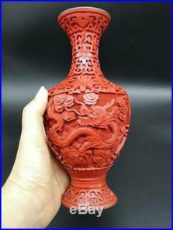 Antique Chinese Cinnabar Red Lacquer Vase Dragons Blue Enamel 8