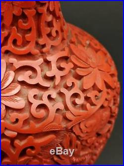 Antique Chinese Cinnabar Red Lacquer Vase Dragons Blue Enamel 8