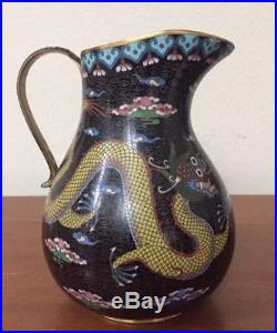 Antique Chinese Cloisonné Black Dragons Water Pitcher Creamer