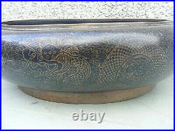 Antique Chinese Cloisonne Bowl Dragon Signed 4 Character Mark Large