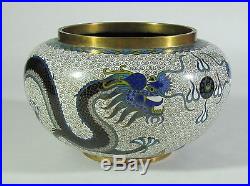 Antique Chinese Cloisonne Bowl Dragons Carved Wood Base Qing Dynasty/Republic