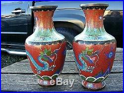 Antique Chinese Cloisonne Dragon Vases Pair