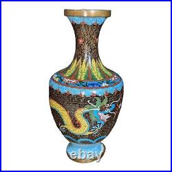 Antique Chinese Cloisonne Enamel Brass Imperial Dragon Cloud Vase 9 Tall Vtg