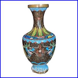 Antique Chinese Cloisonne Enamel Brass Imperial Dragon Cloud Vase 9 Tall Vtg